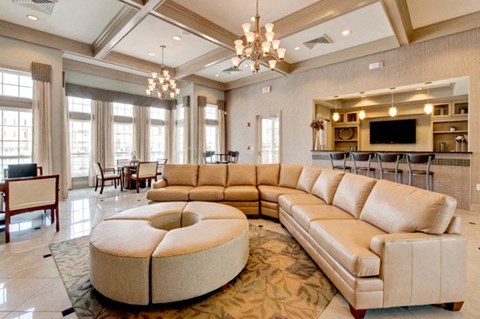 a large living room with couches and a large rug